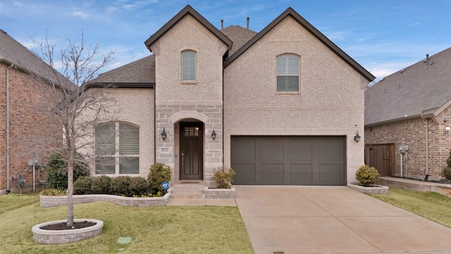 french country style house featuring a front yard, concrete driveway, brick siding, and an attached garage