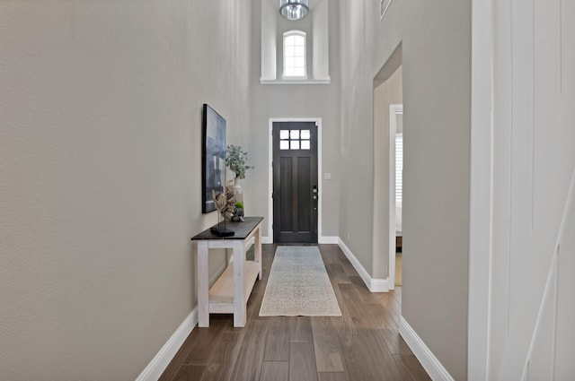 foyer entrance featuring dark wood-type flooring, a towering ceiling, and baseboards