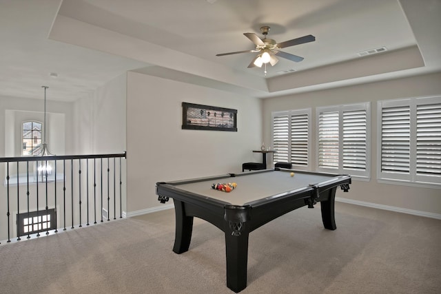 playroom featuring carpet, visible vents, a raised ceiling, and baseboards