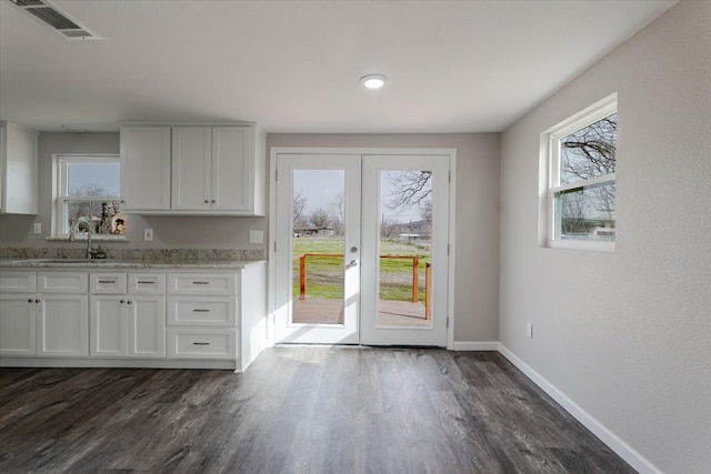 doorway to outside featuring baseboards, visible vents, dark wood-style flooring, and a wealth of natural light