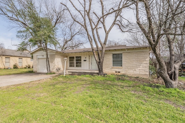 view of front of property featuring an attached garage, stone siding, driveway, and a front lawn