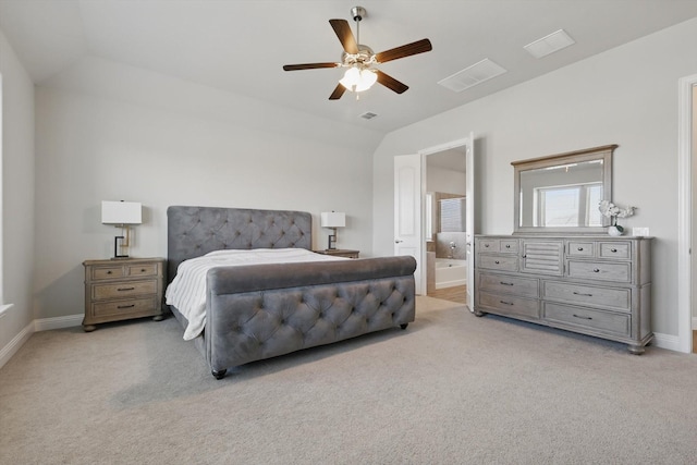 4303 Juniper Ln, Melissa, TX 75454 - bedroom featuring visible vents, ceiling fan, baseboards, vaulted ceiling, and light carpet