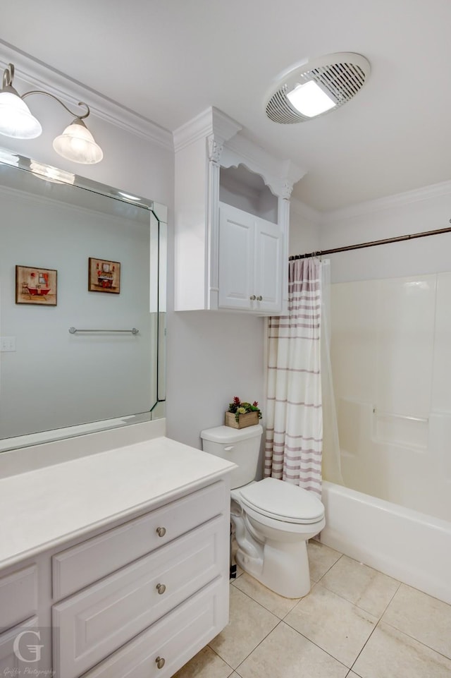 bathroom featuring tile patterned flooring, toilet, vanity, visible vents, and crown molding