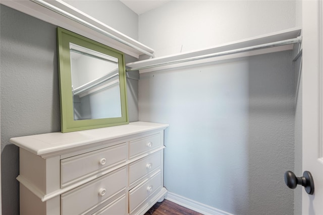 walk in closet with dark wood-style flooring