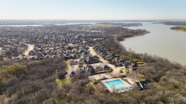 aerial view featuring a residential view and a water view