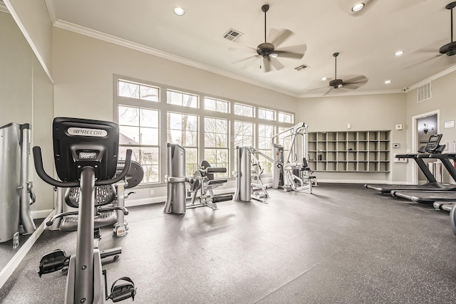 exercise room with visible vents and ornamental molding