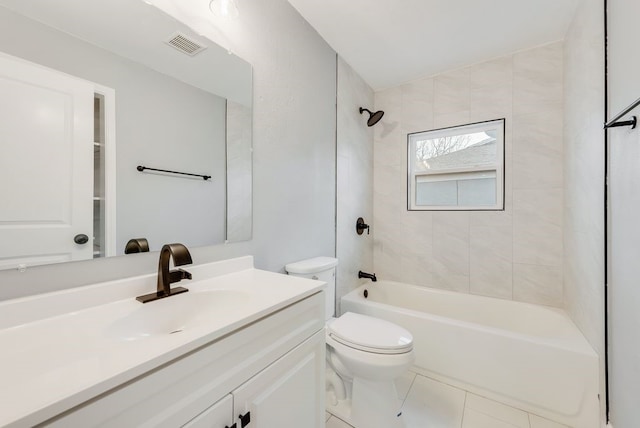 full bath featuring shower / bathtub combination, toilet, visible vents, vanity, and tile patterned floors