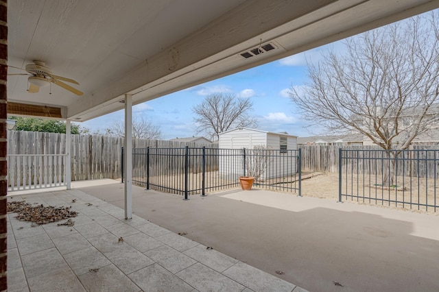 view of patio / terrace featuring ceiling fan and a fenced backyard