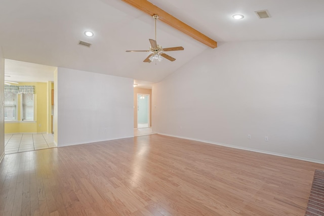 empty room with lofted ceiling with beams, light wood-style floors, visible vents, and a ceiling fan