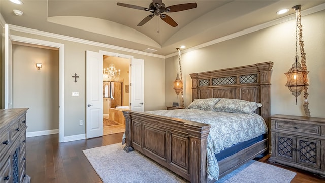 bedroom with dark wood finished floors, recessed lighting, vaulted ceiling, ensuite bath, and baseboards