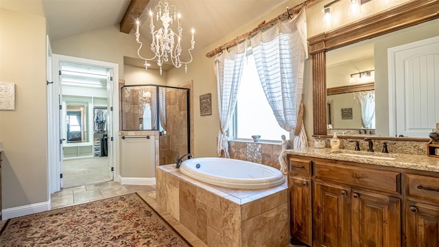 full bath with lofted ceiling with beams, a notable chandelier, vanity, a bath, and a stall shower