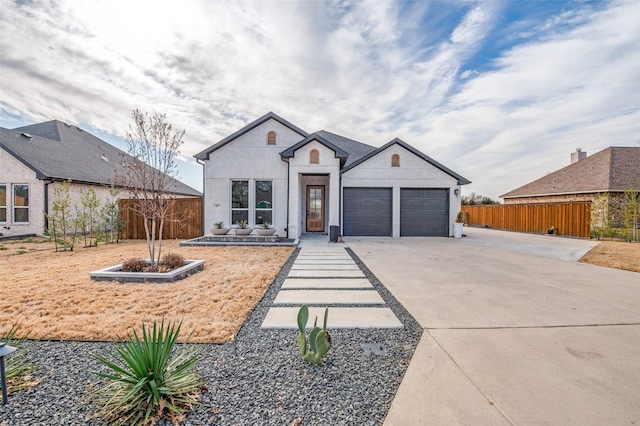 view of front of home featuring concrete driveway, fence, and an attached garage