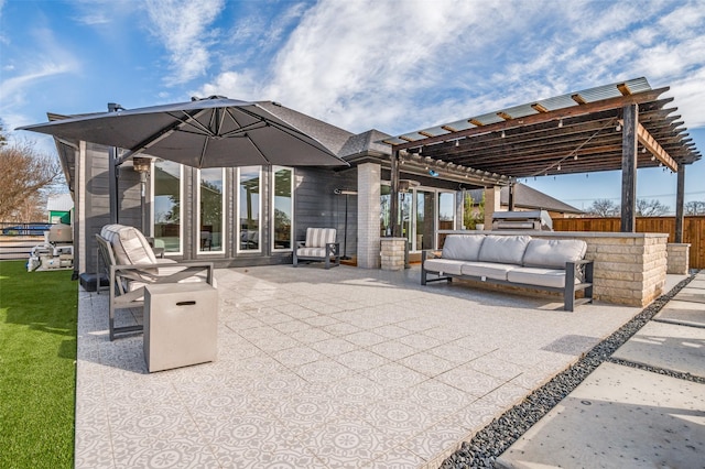 view of patio / terrace with fence, an outdoor hangout area, and a pergola