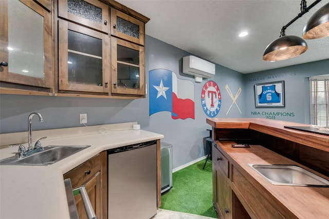 kitchen with a wall unit AC, a sink, glass insert cabinets, light carpet, and dishwasher