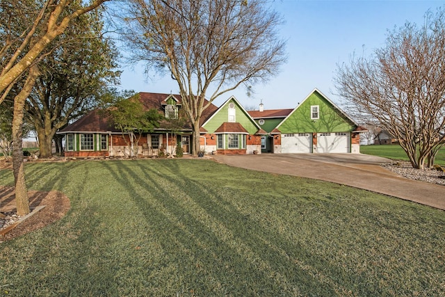 view of front facade featuring a garage, a porch, concrete driveway, and a front lawn