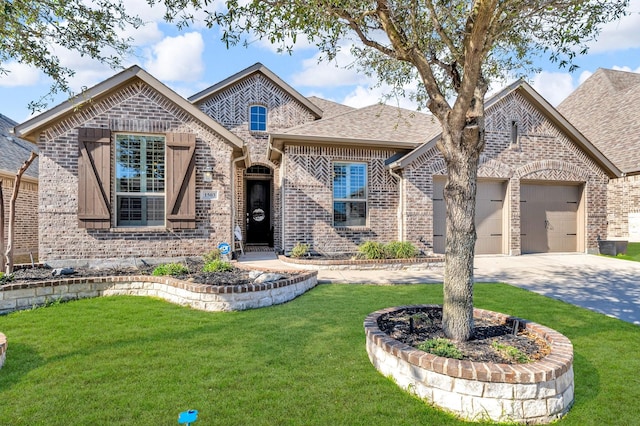 french country inspired facade with driveway, roof with shingles, a front yard, an attached garage, and brick siding