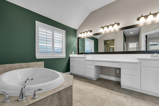 full bath with lofted ceiling, double vanity, a sink, tile patterned flooring, and a bath