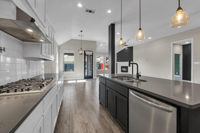 kitchen featuring visible vents, ventilation hood, a large fireplace, stainless steel appliances, and a sink