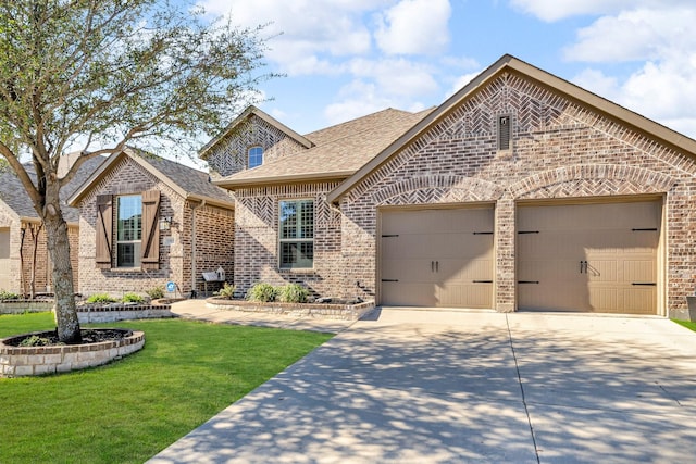 french country inspired facade featuring brick siding, a shingled roof, concrete driveway, a front yard, and an attached garage