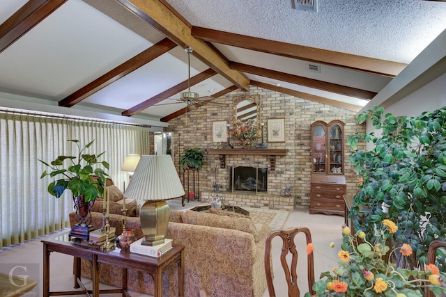 living room featuring visible vents, lofted ceiling with beams, a fireplace, a textured ceiling, and a ceiling fan