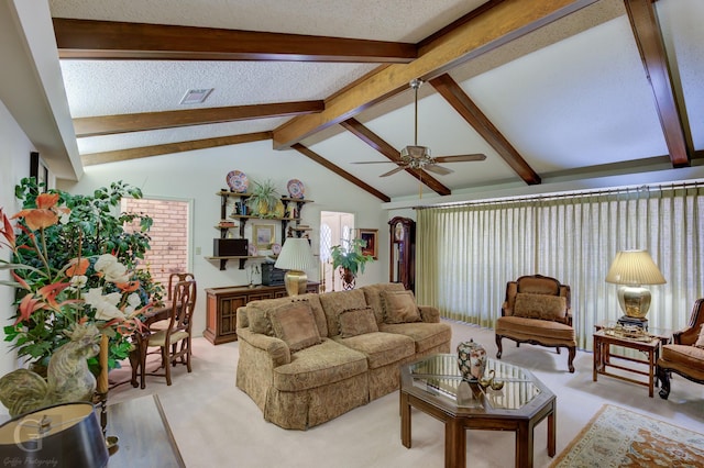 living room featuring visible vents, light carpet, a textured ceiling, ceiling fan, and vaulted ceiling with beams