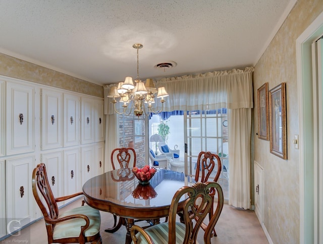 dining space with baseboards, visible vents, a textured ceiling, light carpet, and a chandelier