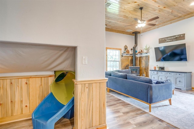 399 Brindley Rd, Maypearl, TX 76064 - living room featuring a wood stove, light wood-type flooring, visible vents, wooden ceiling, and a ceiling fan