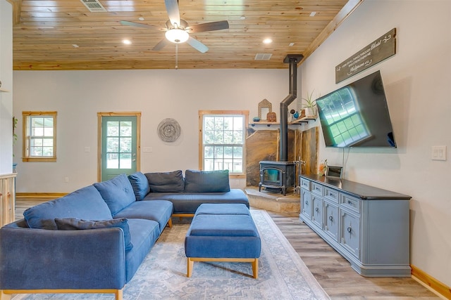 399 Brindley Rd, Maypearl, TX 76064 - living area featuring light wood finished floors, wood ceiling, a ceiling fan, a wood stove, and recessed lighting