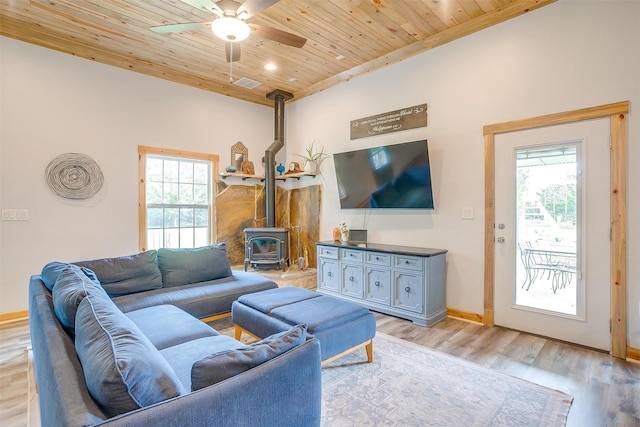 living room with light wood-style flooring, wood ceiling, visible vents, baseboards, and a wood stove