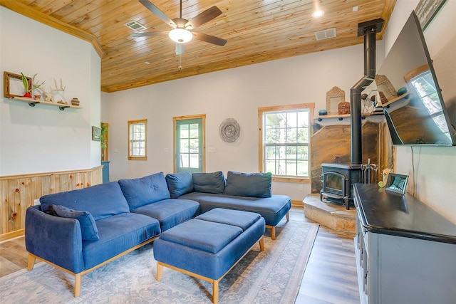 399 Brindley Rd, Maypearl, TX 76064 - living area with light wood finished floors, a ceiling fan, visible vents, a wood stove, and wooden ceiling