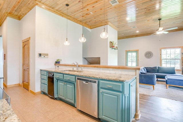 399 Brindley Rd, Maypearl, TX 76064 - kitchen with a sink, open floor plan, stainless steel dishwasher, visible vents, and wooden ceiling