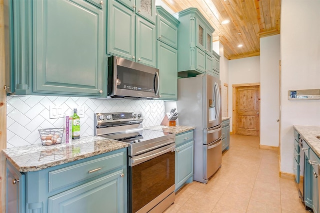 399 Brindley Rd, Maypearl, TX 76064 - kitchen with recessed lighting, wooden ceiling, light stone counters, decorative backsplash, and stainless steel appliances