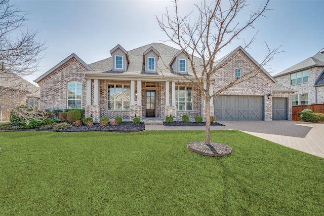 view of front of house with brick siding, a front lawn, an attached garage, and decorative driveway