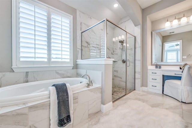 bathroom with marble finish floor, plenty of natural light, a marble finish shower, and a bath