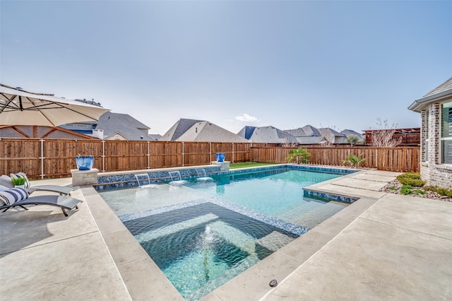 view of swimming pool with a residential view, a patio area, a fenced backyard, and a fenced in pool