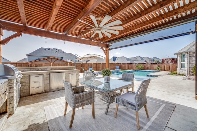 view of patio / terrace with ceiling fan, outdoor dining area, a fenced backyard, area for grilling, and a fenced in pool