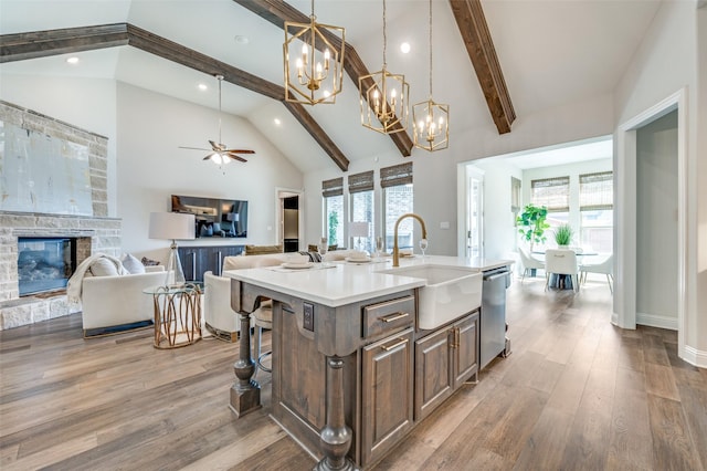 kitchen featuring a fireplace, stainless steel dishwasher, open floor plan, a sink, and wood finished floors