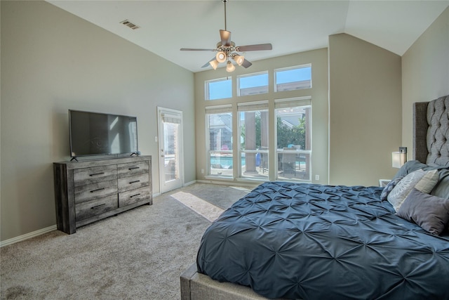 bedroom with access to exterior, visible vents, baseboards, vaulted ceiling, and carpet floors