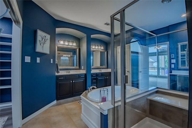 full bathroom with visible vents, a stall shower, tile patterned flooring, a bath, and vanity