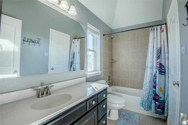 full bathroom featuring tile patterned flooring, toilet, shower / bath combo with shower curtain, and vanity