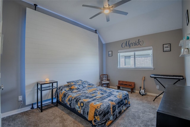 bedroom featuring lofted ceiling, carpet flooring, a ceiling fan, and baseboards