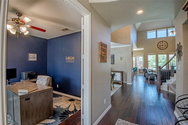 home office with visible vents, baseboards, ceiling fan, recessed lighting, and dark wood-style flooring