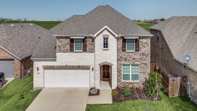 view of front of house with stone siding, concrete driveway, roof with shingles, and fence