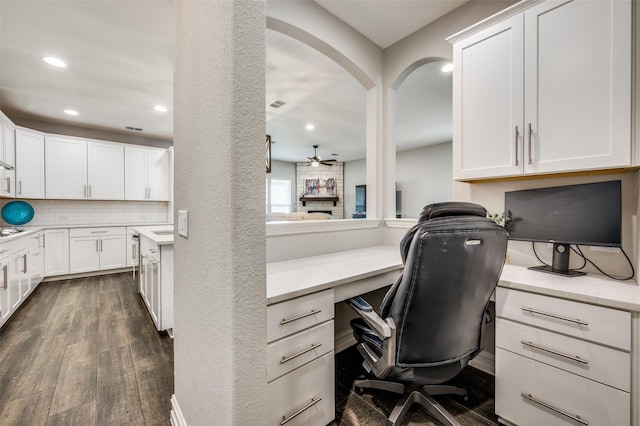 1121 Ash St, Celina, TX 75009 - office with ceiling fan, recessed lighting, dark wood-style flooring, visible vents, and built in study area