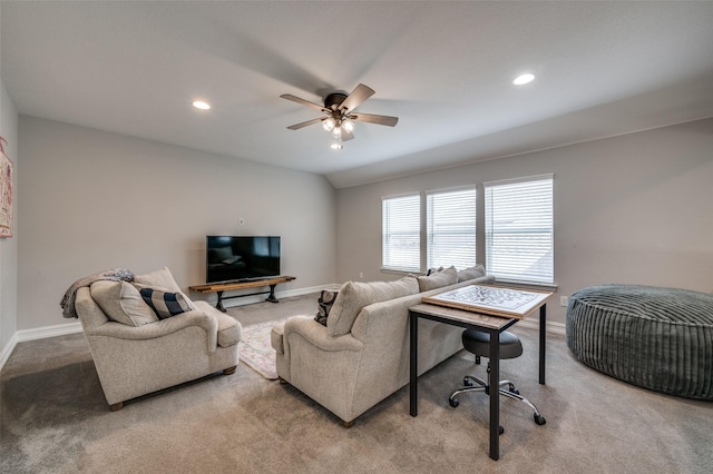 1121 Ash St, Celina, TX 75009 - carpeted living room with lofted ceiling, ceiling fan, recessed lighting, and baseboards