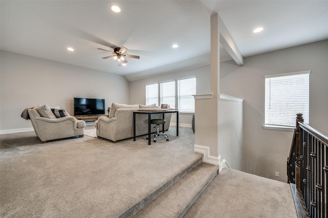 1121 Ash St, Celina, TX 75009 - living room featuring baseboards, ceiling fan, vaulted ceiling, carpet flooring, and recessed lighting