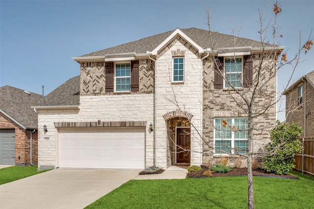 1121 Ash St, Celina, TX 75009 - view of front facade with a shingled roof, concrete driveway, stone siding, fence, and a front lawn