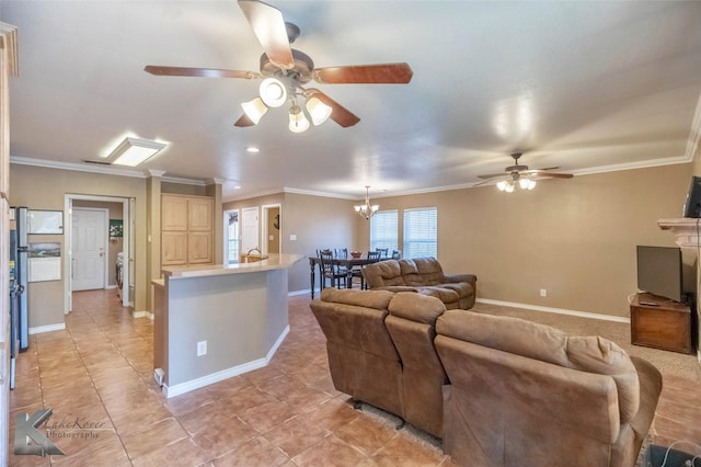 living room featuring light tile patterned flooring and crown molding