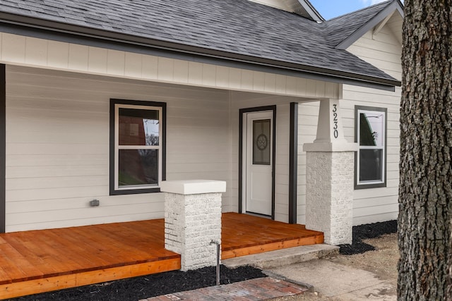 view of exterior entry featuring covered porch and roof with shingles