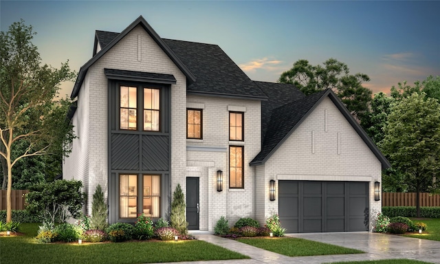 view of front of house featuring brick siding, a shingled roof, concrete driveway, an attached garage, and fence